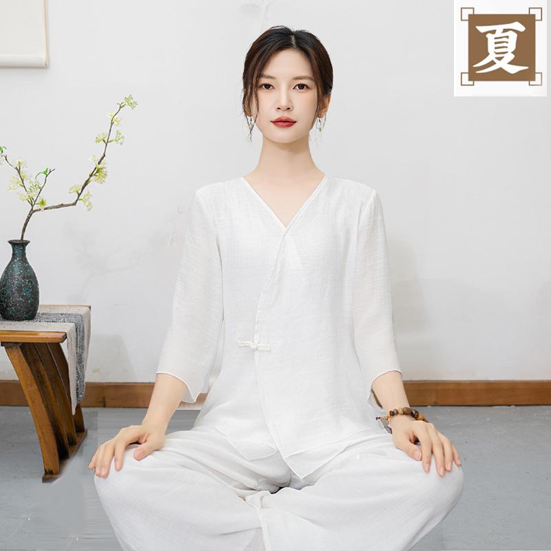 レディース チャイナ風 リネン トップス ワイドレッグパンツ 楽ちん ゆったり 瞑想服 夏 綿 麻 禅 瞑想 服 セット 女性 瞑想 仏陀 礼拝 仏教 瞑想服