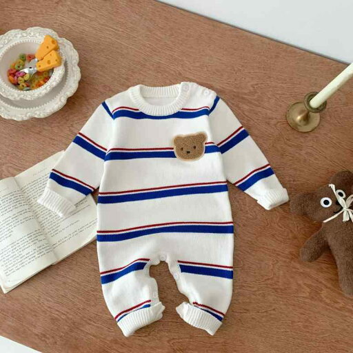 ロンパース ベビーウェア 幼児 ストライプ ニット ボーダー 長袖 春 秋 服 新生児 韓国 かわいい くま お出かけ 子供用 ロンパース ベビーウェア 幼児 ストライプ ニット ボーダー 長袖 春 秋 服 新生児 韓国 かわいい くま お出かけ 子供用