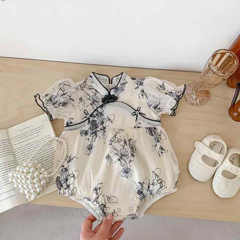 ロンパース ベビーウェア 夏 赤ちゃん 女の子 チャイナ風 ポリエステル プリント フリル 半袖 プルオーバー スタンドネック 薄手 軽量 柔らかい 動きやすい お出かけ 外出 かわいい プレゼント