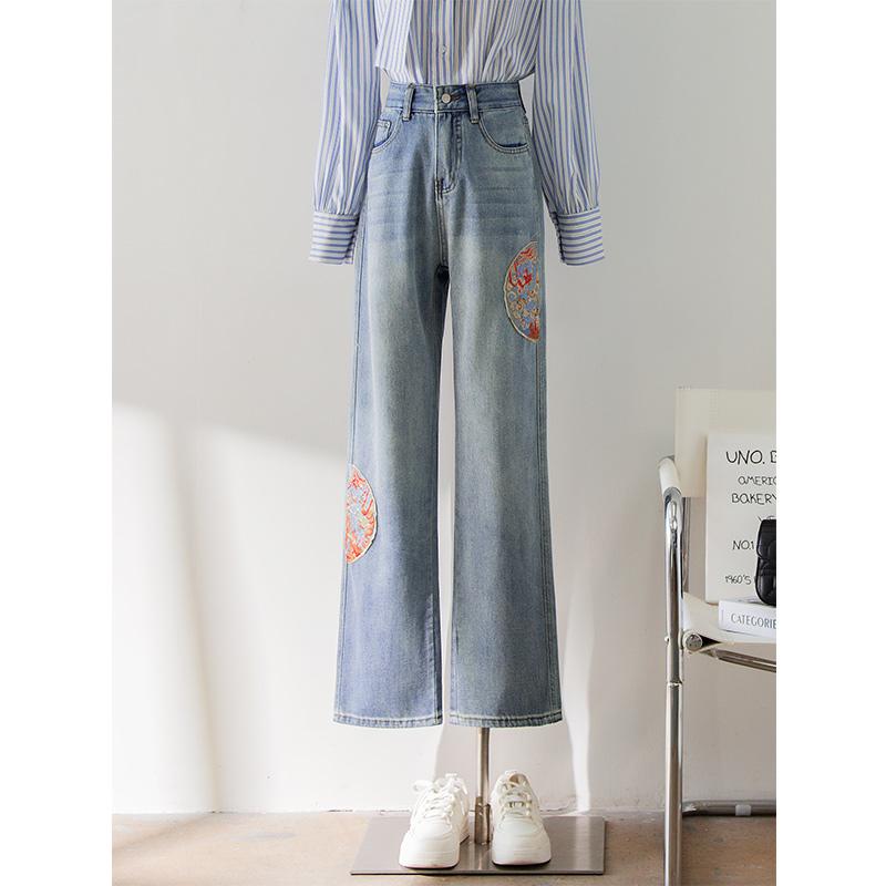 レディース ロングパンツ ボトムス ジーンズ モップ丈 長ズボン チャイナ風刺繍 中華風 ウォッシュド加..