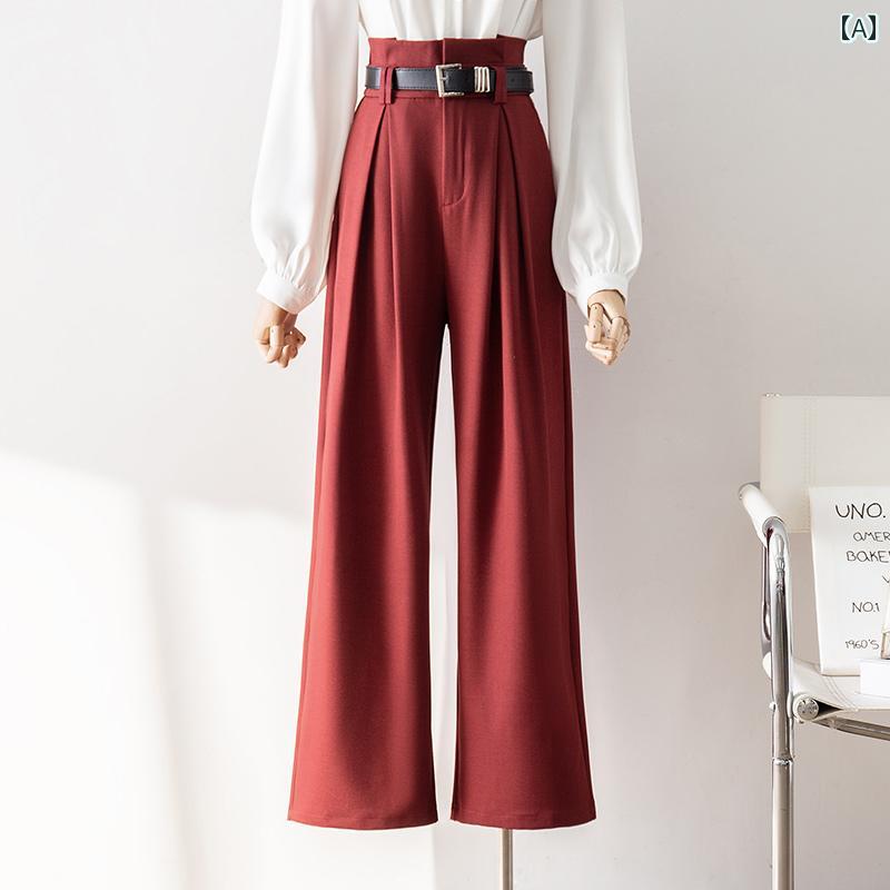 レディース ロングパンツ ボトムス 長ズボン ハイウエスト ワイドレッグ ゆったりドレープ ストレート ..