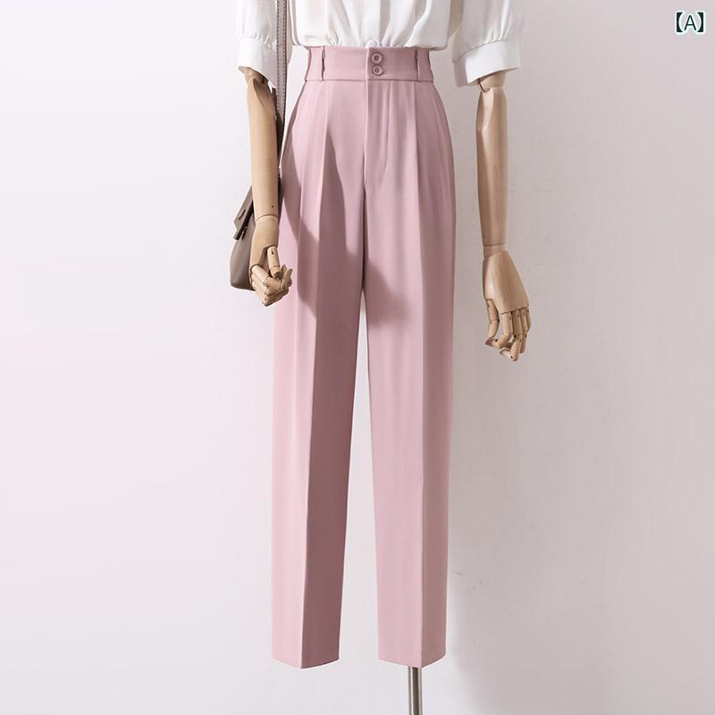 レディース ロングパンツ 九分丈 クロップド ボトムス 長ズボン ピンク 白 黒 夏 ストレート スーツパンツ シンプル 無地 エレガント スタイリッシュ クール リネン素材 モダン ライトウェア