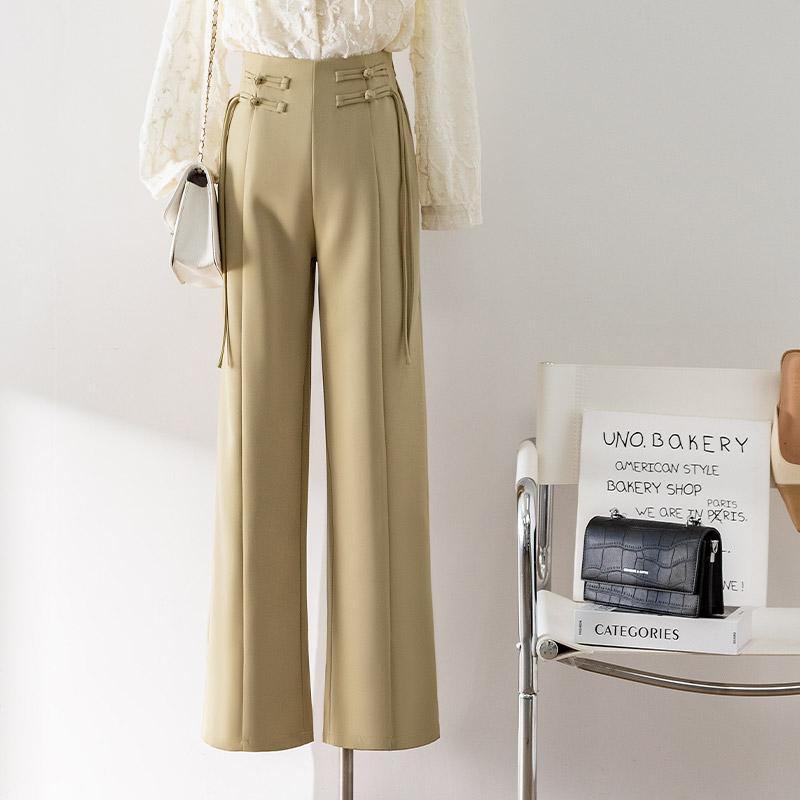 レディース ロングパンツ ボトムス 長ズボン 春夏 チャイナ風バックル装飾 モダン中華スタイル 黒 薄ピンク 薄カーキ ストレート ワイドレッグ 後ろゴムウエスト スーツパンツ エレガント 快適