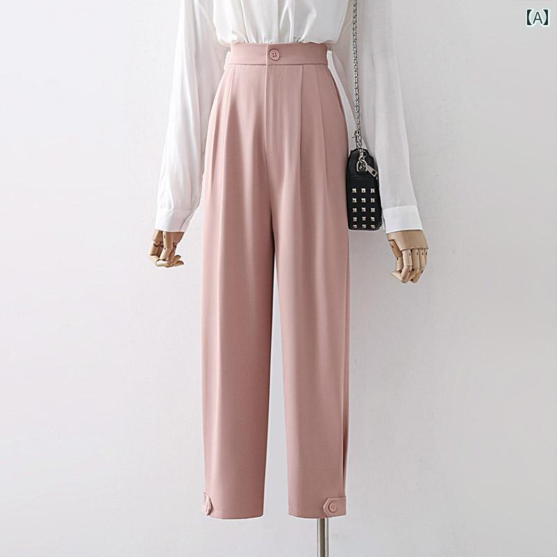 レディース ロングパンツ ボトムス 長ズボン 夏 ハイウエスト 薄ピンク グレー 黒 後ろゴムウエスト 冷感 ボタン装飾 ワイドレッグ エレガント シンプルおしゃれ フェミニン スタイリッシュ モダン