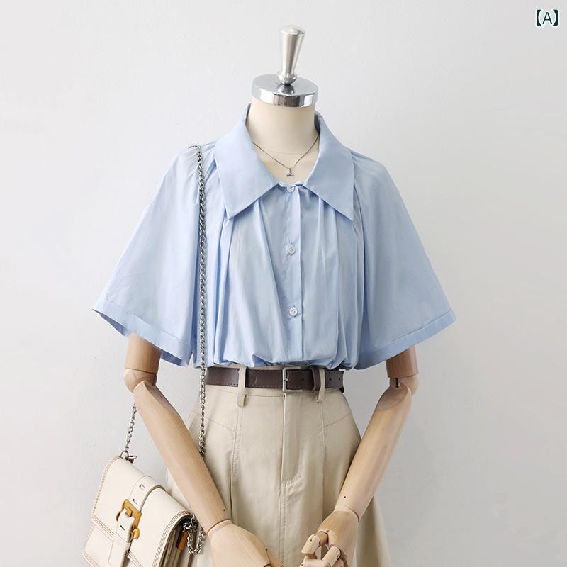 レディース シャツ シフォンブラウス 半袖 五分袖 夏春秋 薄青 白 大きめドールシャツ襟 プリーツ ドレ..