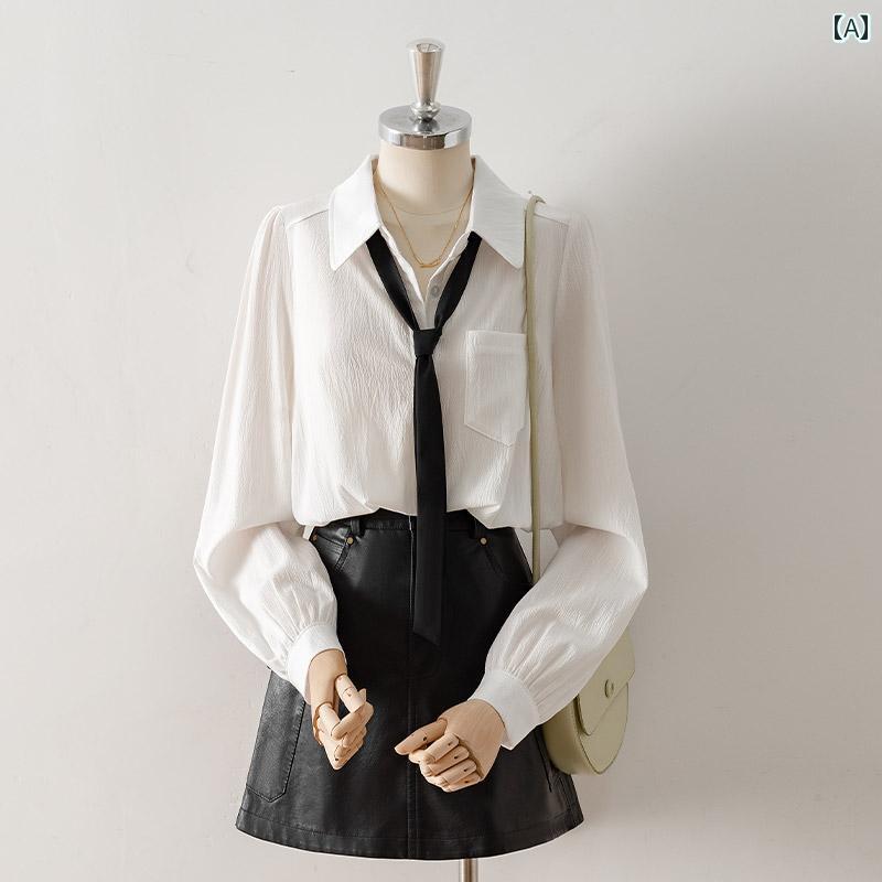 レディース シャツ ブラウス 長袖 春秋 白 薄緑 シャツ襟 ネクタイ・リボン付き フレンチスタイル 春秋..