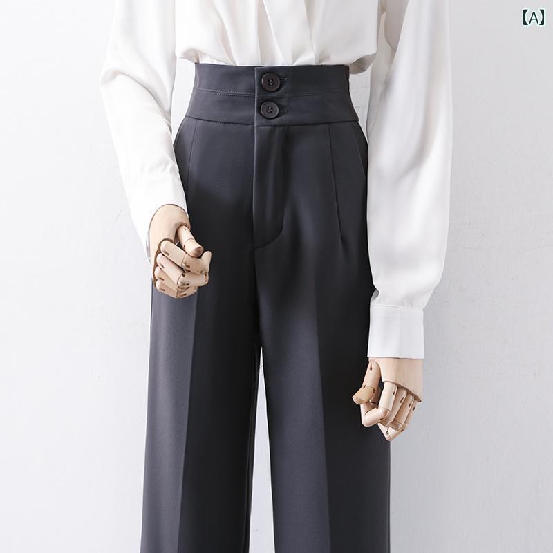 レディース ロングパンツ ボトムス 長ズボン ダークグレー 黒 シガレットパンツ ハイウエスト レトロ感 ゆったりめ 落着き感 モダン シンプル 動きやすい エレガント オフィスカジュアル