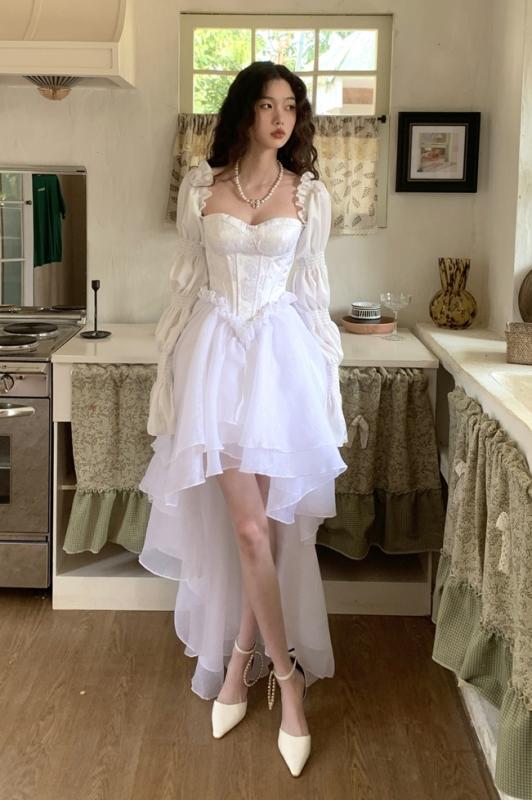 ワンピース ドレス レディース 婦人服 レトロ オフショルダー かわいい フェアリー 長袖 フリル ティアード チュール ホワイト 白