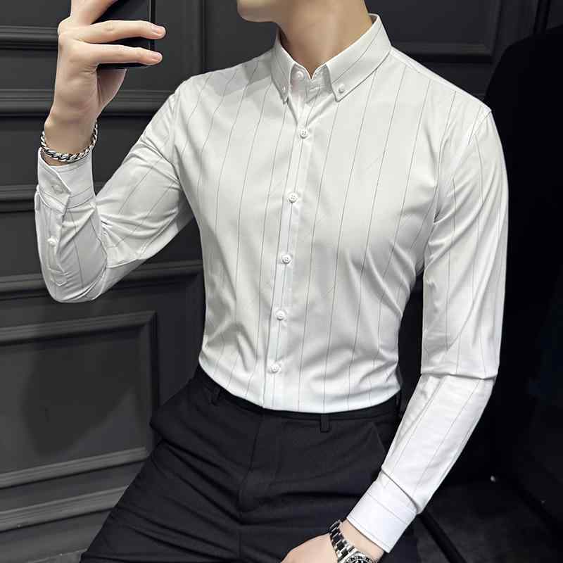 メンズ ストライプ シャツ フォーマル 紳士服 スーツ カジュアル 春秋 シャツ 長袖 ビジネス カジュアル 無地 スリムフィット かっこいい
