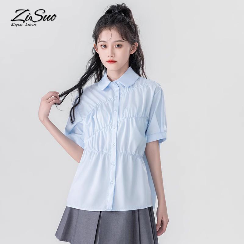 レディース ファッション トップス シャツ カットソー プリーツ 学生 半袖 フェミニン 女性 カジュアル 普段使い 夏 婦人服(4)