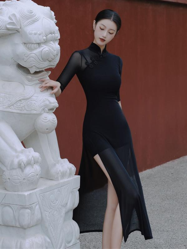 チャイナドレス レディース ジャズ ダンス メッシュ スリムフィット ハイウエスト スリット ドレス パフォーマンス ブラック ワンピース スカート