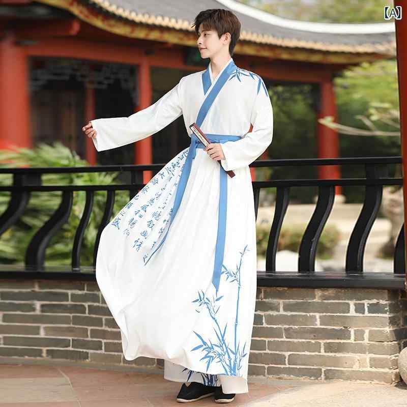 漢服 民族衣装 コスチューム メンズ 大きめサイズ 宋代 刺繍 道 衣装 レトロ シフォン ポリエステル 剣士 騎士 クラス 学生 メンズ レジャー 制服