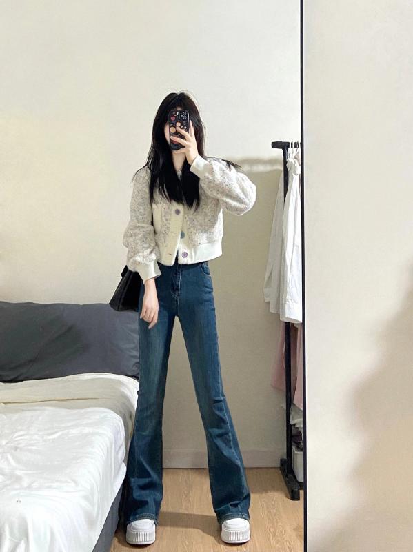 ジーンズ デニムパンツ カジュアル レディース 女性用 ハイウエスト マイクロ フレア 春 レトロ ウォッシュ加工 スリムストレッチ ベルボトム パンツ(4)