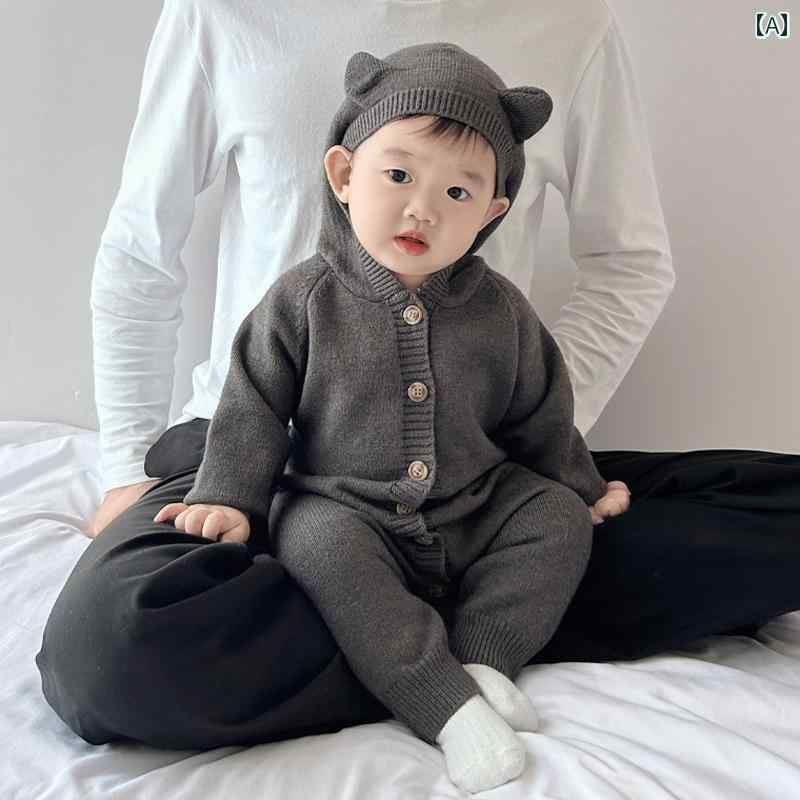 カバーオール フード付き 赤ちゃん ベビー 子供用 春秋 服 男の子 かわいい ボタン ニット カジュアル ウェア 長袖 ロンパース シンプル