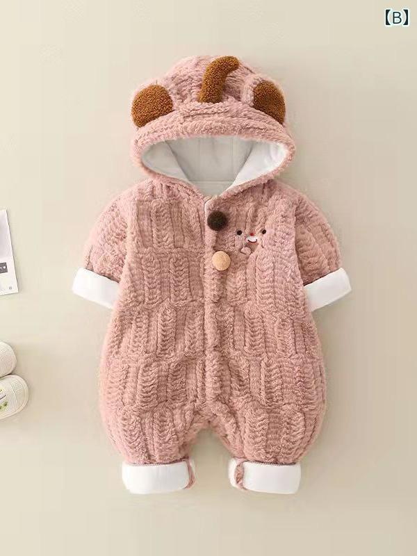 カバーオール フード付き 幼児 赤ちゃん ベビー 新生児 子供用 男の子 かわいい 耳 厚手 防寒 ニット あったか お出かけ もこもこ 長袖 ロンパース