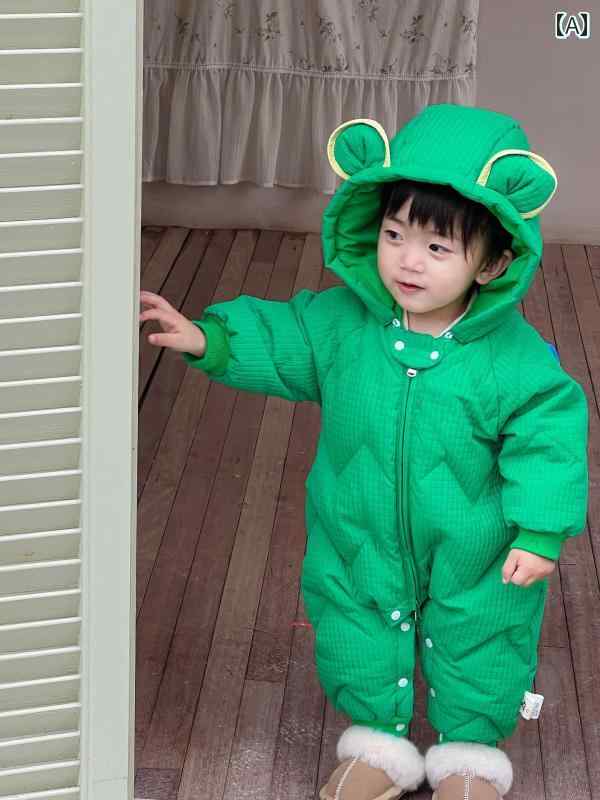 カバーオール フード付き ベビー ジャンプスーツ 幼児 防寒 赤ちゃん 子供用 冬服 ダウン 男の子 厚手 あったか 保温 ホワイトダックダウン かわいい お出かけ 耳