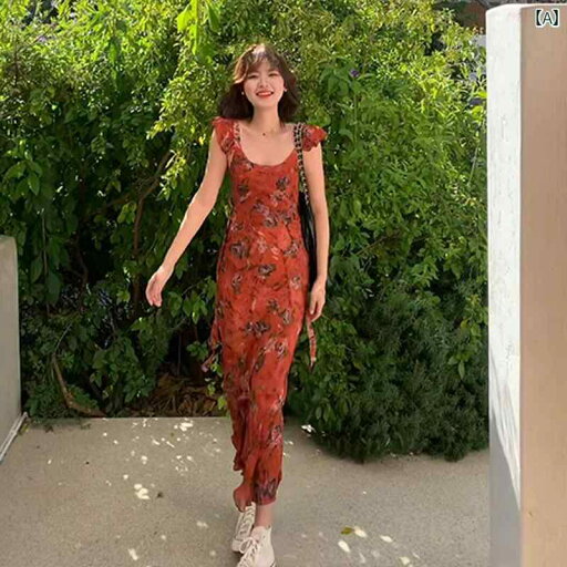 リゾート ワンピース 花柄 シフォン ドレス レディース 夏 赤 フレンチ ティーブレーク ロング スカート フィッシュテール スカート リゾート ワンピース 花柄 シフォン ドレス レディース 夏 赤 フレンチ ティーブレーク ロング スカート フィッシュテール スカート
