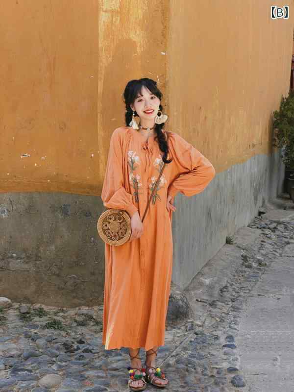 ワンピース リゾート レディース ゆったり 大きめ サイズ エスニック レトロ フラワー 刺繍 ドレープ レースアップ 長袖 シャツ ドレス 日焼け防止 ドレス