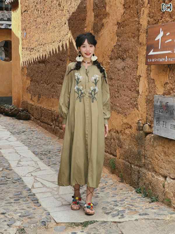 ワンピース リゾート レディース ゆったり 大きめ サイズ エスニック レトロ フラワー 刺繍 ドレープ レースアップ 長袖 シャツ ドレス 日焼け防止 ドレス