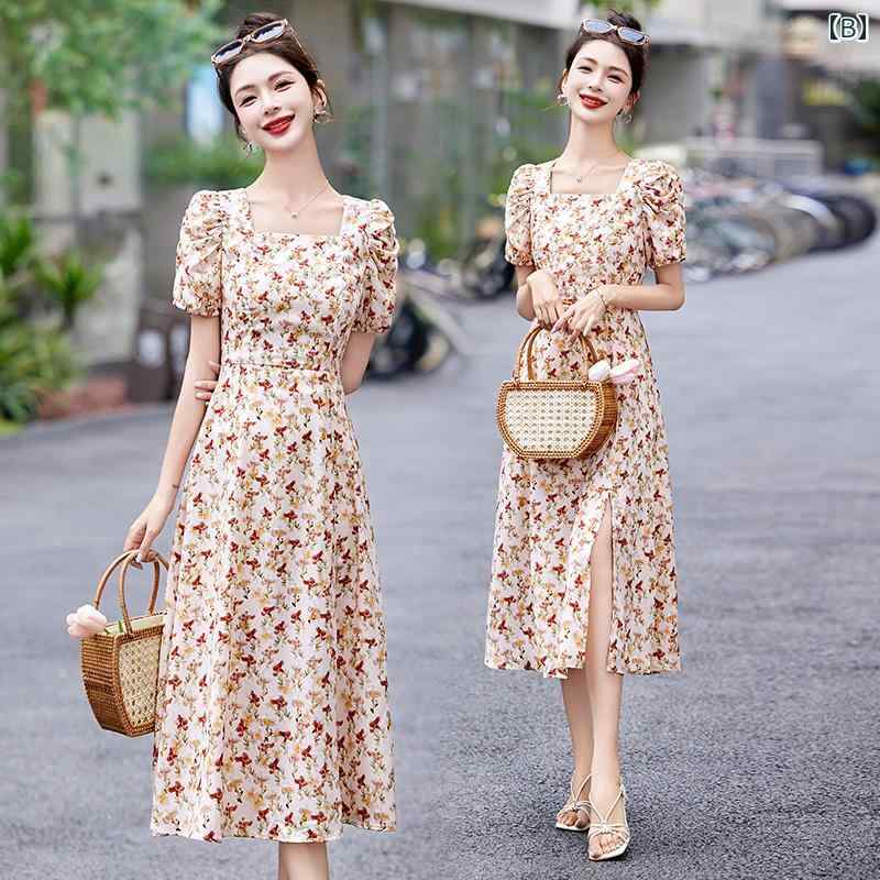 レディース ワンピース 半袖 フローラル ドレス 小花柄 プリント スクエアネック パフスリーブ 前スリット 後ギャザープリーツ エレガント フェミニン 着痩せ 黒ピンク花 薄ベージュ赤花 プリンセス風