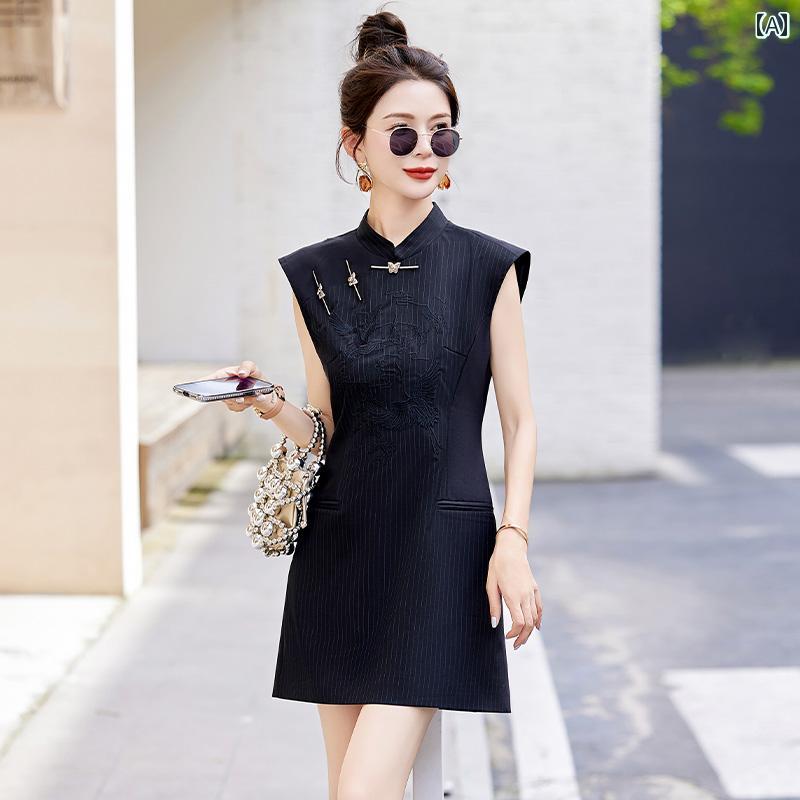 レディース ワンピース チャイナドレス ミニ ショート丈 太腿丈 ノースリーブ 袖なし 立ち襟 中華スタイル チャイナ風ボタン リボン型 立ち襟 中華伝統刺繡 不死鳥 グレー 黒 半袖 モダン中華 涼感