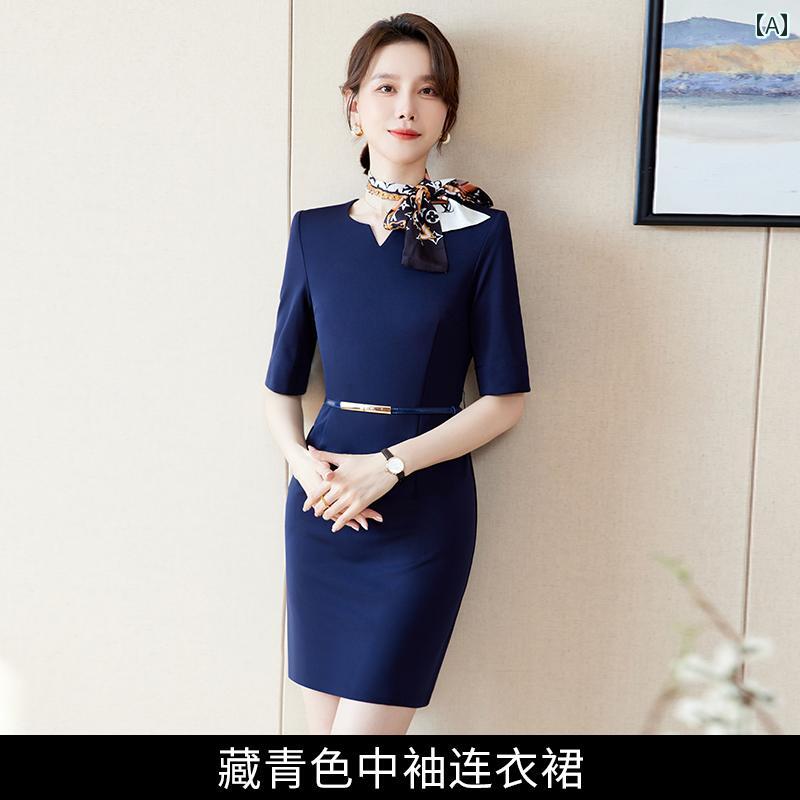 ワンピース きれいめ レディース 五分袖 七分袖 紺 スカーフ付き ベルト付き 膝上 ミディ丈 ラウンドネック Vカット タイトフィット ウエストシェイプ スリム シャープ エレガント 上品 スタイリシュ