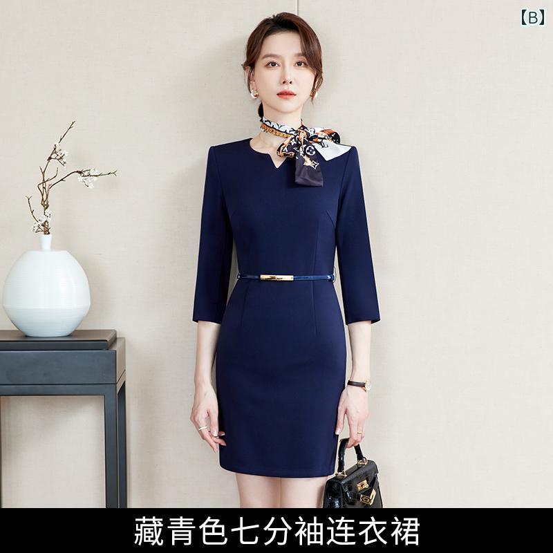 ワンピース きれいめ レディース 五分袖 七分袖 紺 スカーフ付き ベルト付き 膝上 ミディ丈 ラウンドネック Vカット タイトフィット ウエストシェイプ スリム シャープ エレガント 上品 スタイリシュ