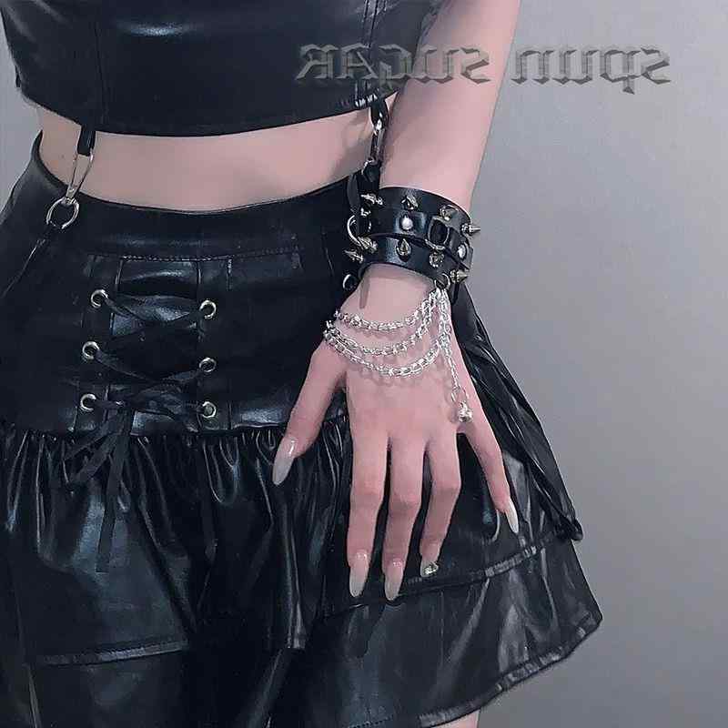 メンズ レディース ブレスレット アクセサリー ゴシックパンク チェーン スタッズ付き ブレス 合皮 パ..