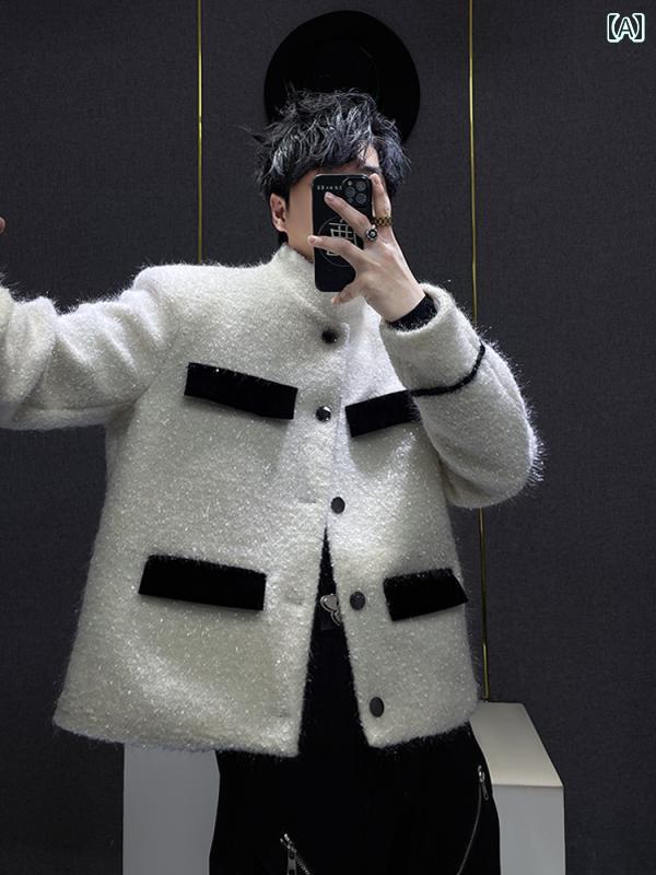 ジャケット メンズ ハイエンド スタンドカラー 秋冬 ひげのある ジャケット モダン 黒と白 対照的 明るい シルク 軽い ショート トップス