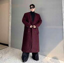 ロングコート 男性服 ボルドー 深い赤色 紅 パリ フレンチ 重厚 レザー キラキラ 装飾 Vネック 膝下丈 厚手 コート メンズ 秋冬 ジャケット アイキャッチ 主役級 アウター