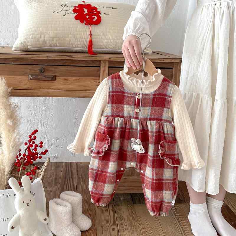 べビーウェア 女の子 赤ちゃん 裏起毛 ノースリーブ サロペット トップス セット 秋冬 乳児 暖かい チェック柄 サスペンダー