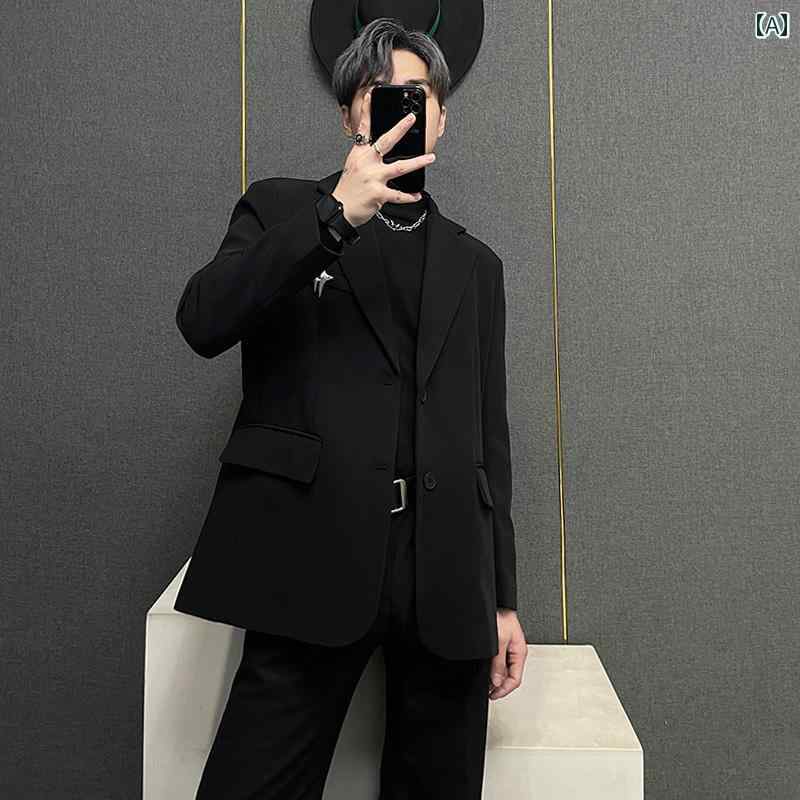 ジャケット 肩パッド メンズ スタイリッシュ 韓国 メタル 装飾 オープン バック ショルダーパッド ブラック ハイエンド シルエット ジャケット アウター