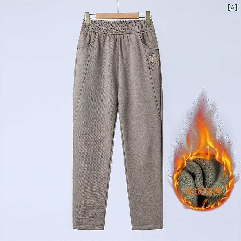 婦人服 保温 快適 暖かさ 防寒 防風 柔軟 動きやすい 高品質 日常使い 裏起毛 レディース ズボン 綿 厚手 秋冬用 ゆったり 人気 刺繡 ポケット付き