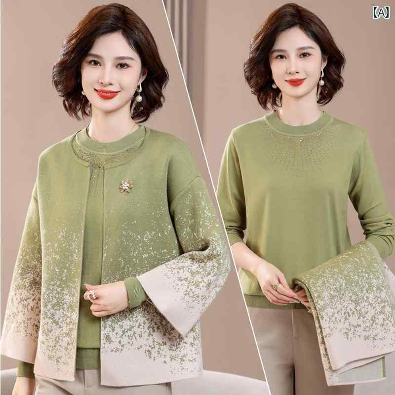 レディース お母さん 春秋 トップス 洋風 セットアップ ニット セーター カーディガン 女性 大きいサイ..