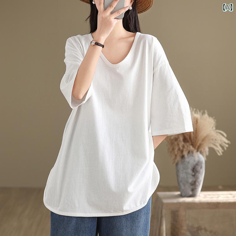 オーバーシャツ 夏 レディース ミドル丈 Vネック 5分袖 Tシャツ シンプル 大きめサイズ スリム 万能 お尻カバー トップス