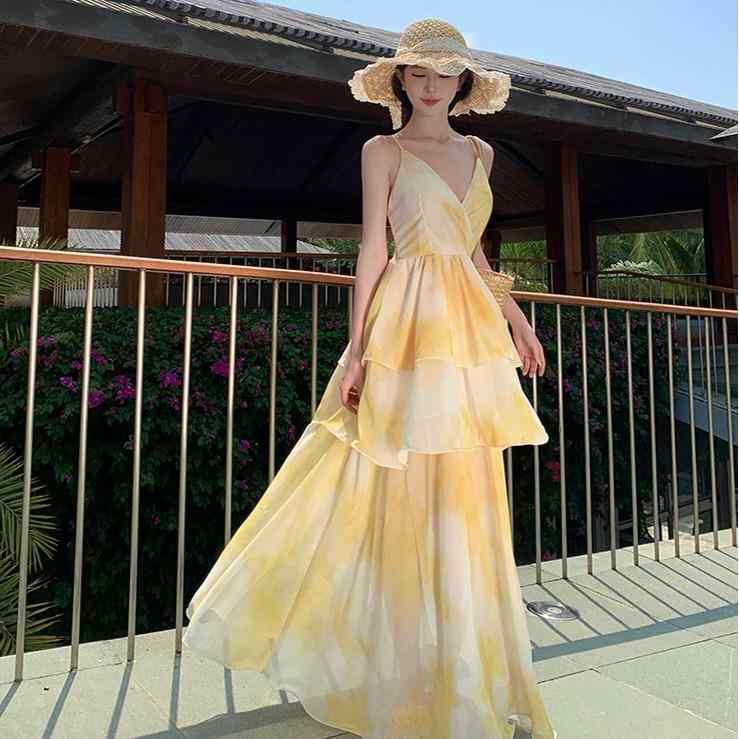 リゾート ワンピース レディース フランス レトロ サスペンダー ホリデー ドレス 女性 夏 スリム Vネッ..