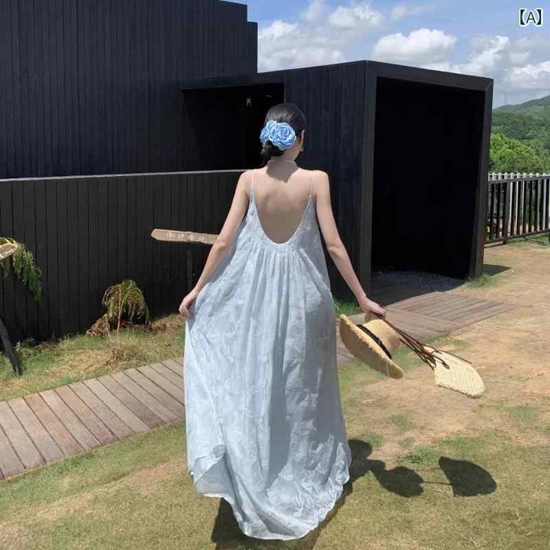 ワンピース レディース 夏用 フェアリー ジャカード バック レス サスペンダー ドレス ゆったり 海辺 休日 ロング スカート サマー