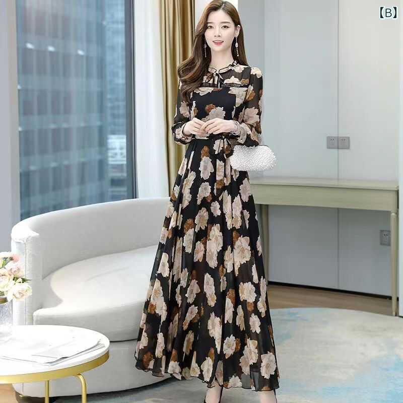 ワンピース レディース 春秋 フレンチ プリント ラウンドネック 長袖 ドレス ウエスト スイング感 ロングスカート ビーチ