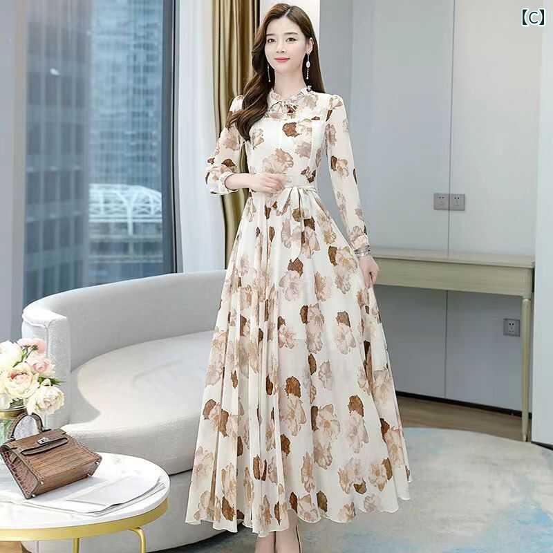ワンピース レディース 春秋 フレンチ プリント ラウンドネック 長袖 ドレス ウエスト スイング感 ロングスカート ビーチ