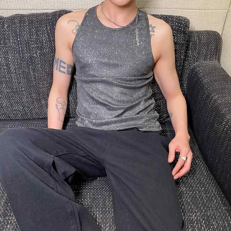 メンズ レディース タンクトップ グリッター ラメ ノースリーブ パーティー スリムフィット クール セクシー 魅惑的 おしゃれ トレンディ ファッショナブル