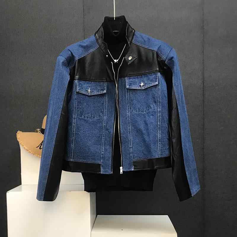 ショート ジャケット メンズ 秋 カジュアル PU フェイクレザー デニム 上着 長袖 シングルブレスト ポロ襟 パッド ポケット 防風 コート アウター スリム スタイリッシュ 普段使い