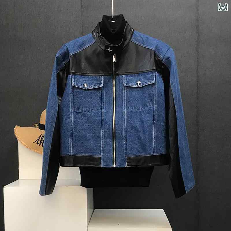 ショート ジャケット メンズ 秋 カジュアル PU フェイクレザー デニム 上着 長袖 シングルブレスト ポロ襟 パッド ポケット 防風 コート アウター スリム スタイリッシュ 普段使い