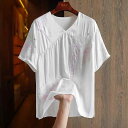 半袖 Tシャツ レディース 刺繍 Vネック トップス カジュアル 快適 シンプル ピンク 柔らか素材 ゆったり