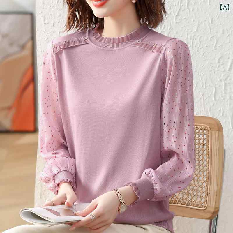 婦人服 セットアップ カジュアル レディース エレガント トップス パンツ ズボン セット ルーズフィット シースルー 秋 長袖 薄手 春秋