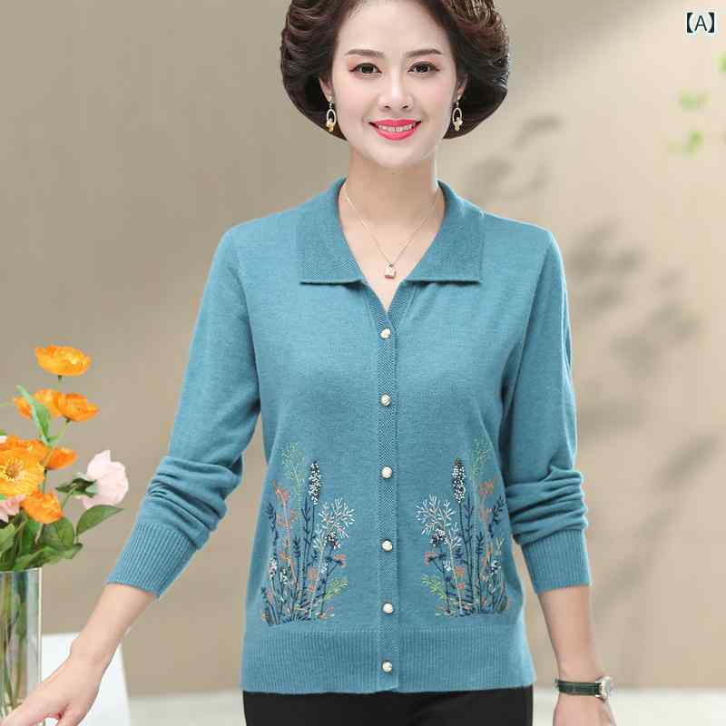 婦人服 レディース セーター ニット シニア トップス パンツ ズボン セット 春秋 カーディガン 大きめサイズ 襟付き