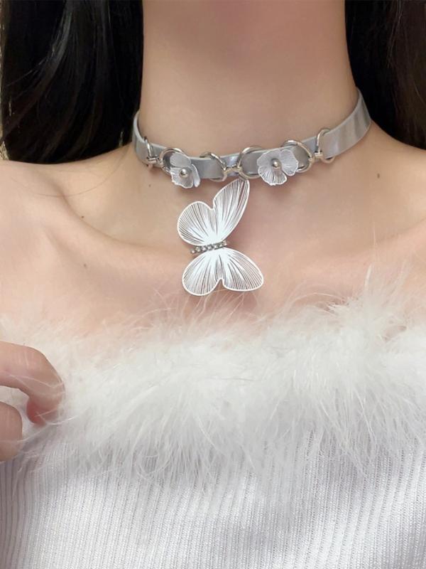 レディース バタフライチョーカー アクセサリー クールガール 蝶 シルバー 花 ネックレス アクセサリー..