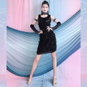 レディース ダンス ラテンダンス ドレス パフォーマンス 服 黒 花びら スプライシング スパンコール スカート 競技 練習