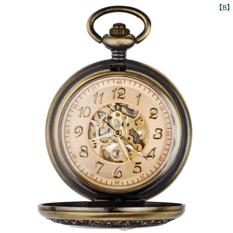 懐中時計 ローマ数字 アラビア数字 ブロンズ 赤アクセント 彫刻 フリップカバー 機械式 ペンダント ギフト レトロ アンティーク モダン シック アクセサリー