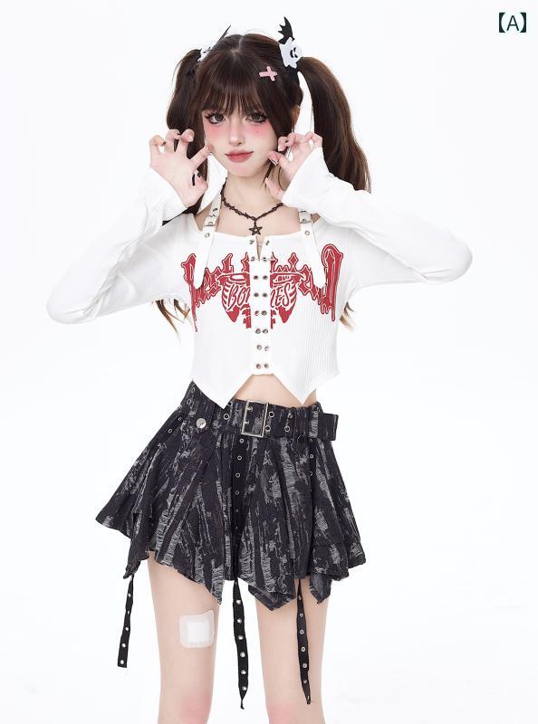 レディース tシャツ ゴスロリ ロリータ ガーリー ホルターネック トップス 春夏 ストリート Tシャツ 長袖 ブラック ホワイト ロンT(3)