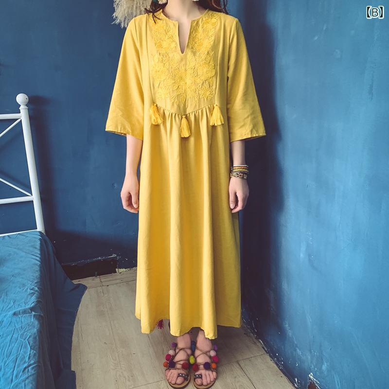 ワンピース レディース ボヘミアン アイランド フォト ビーチ ドレス レトロ ホリデー タッセル 刺繍 Vネック コットン リネン ドレス